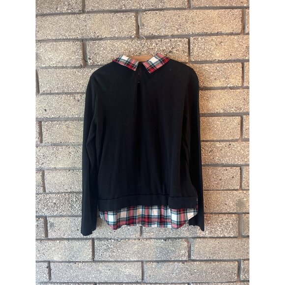 J.Crew Womens Black Sweater With Red/Blue Plaid Collar & Hem Size M 100% Cotton - Picture 8 of 9